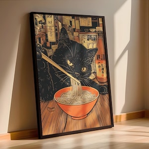 Vintage Cat Eating Ramen Wall Art Retro Japanese Poster Print Unique Kitchen Decor Noodle Lover Gift Quirky Cat Illustration