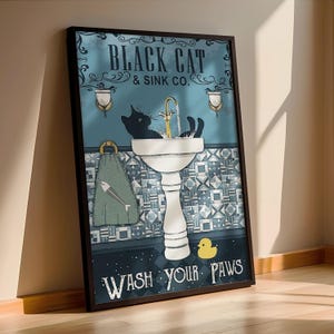 Pôster de gato preto lave suas patas, decoração de banheiro, impressão de imagem de animal, arte de parede vintage, banheiro, decoração de casa A4/A3, emoldurado/sem moldura