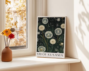 Exhibition Wall Art Green Yayoi Kusama Inspired , Floral Poster for Living Room , Bedroom Decor , Dandelion Japanese Print , Flower Artwork