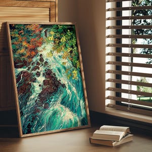 Hokusai Poster Print Ukiyo-e Japanese Waterfall Art Print Blue Green Japanese Home Decor