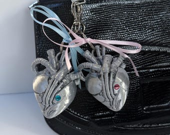 Gray Cyber Heart Bag Charm - Crystal and Silk Ribbon - Futuristic Cyberpunk Bow Heart Keychain
