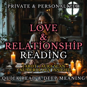 Peut inclure: Image publicitaire pour une lecture d'amour et de relations. Le texte indique "Lecture d'amour et de relations" avec des services tels que Tarot, Aura Scan et Numerology Insight. L'image présente une femme, des bougies et des livres.