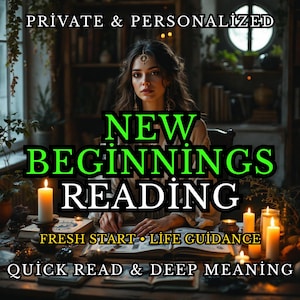 Pode incluir: Imagem que promove um serviço de "Leitura de Novos Começos". O texto é em verde e branco, com texto adicional que diz "Novo Começo • Orientação de Vida" e "Leitura Rápida e Significado Profundo". A imagem apresenta uma mulher, velas e livros.