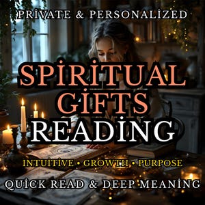Pode incluir: Imagem com o texto "PRIVATE & PERSONALIZED" no topo. As palavras "SPIRITUAL GIFTS READING" estão em letras grandes. A imagem também inclui as palavras "INTUITIVE • GROWTH • PURPOSE" e "QUICK READ & DEEP MEANING".