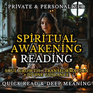 Pode incluir: Imagem que promove um serviço de leitura espiritual. O texto inclui "Despertar Espiritual," "Crescimento da Alma," e "Orientação Divina." A imagem apresenta uma mulher e velas acesas, sugerindo um tema místico.