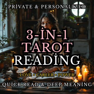 Puede incluir: Imagen que promociona una lectura de Tarot 3 en 1. El texto incluye "Privado y Personalizado", "Amor, Carrera, Poder" y "Lectura Rápida y Significado Profundo". La imagen presenta a una persona con velas y libros.