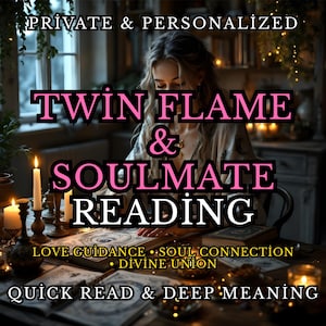 Pode incluir: Imagem que promove uma Leitura de Chama Gêmea e Alma Gêmea. O texto inclui "Privado e Personalizado", "Orientação Amorosa", "Conexão da Alma", "União Divina" e "Leitura Rápida e Significado Profundo".
