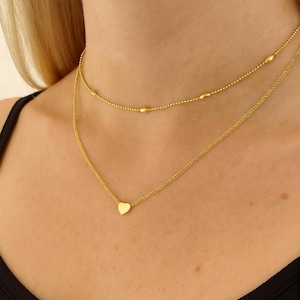 Dainty Layered Gold Necklace: Mini Heart Pendant, Minimalist Choker