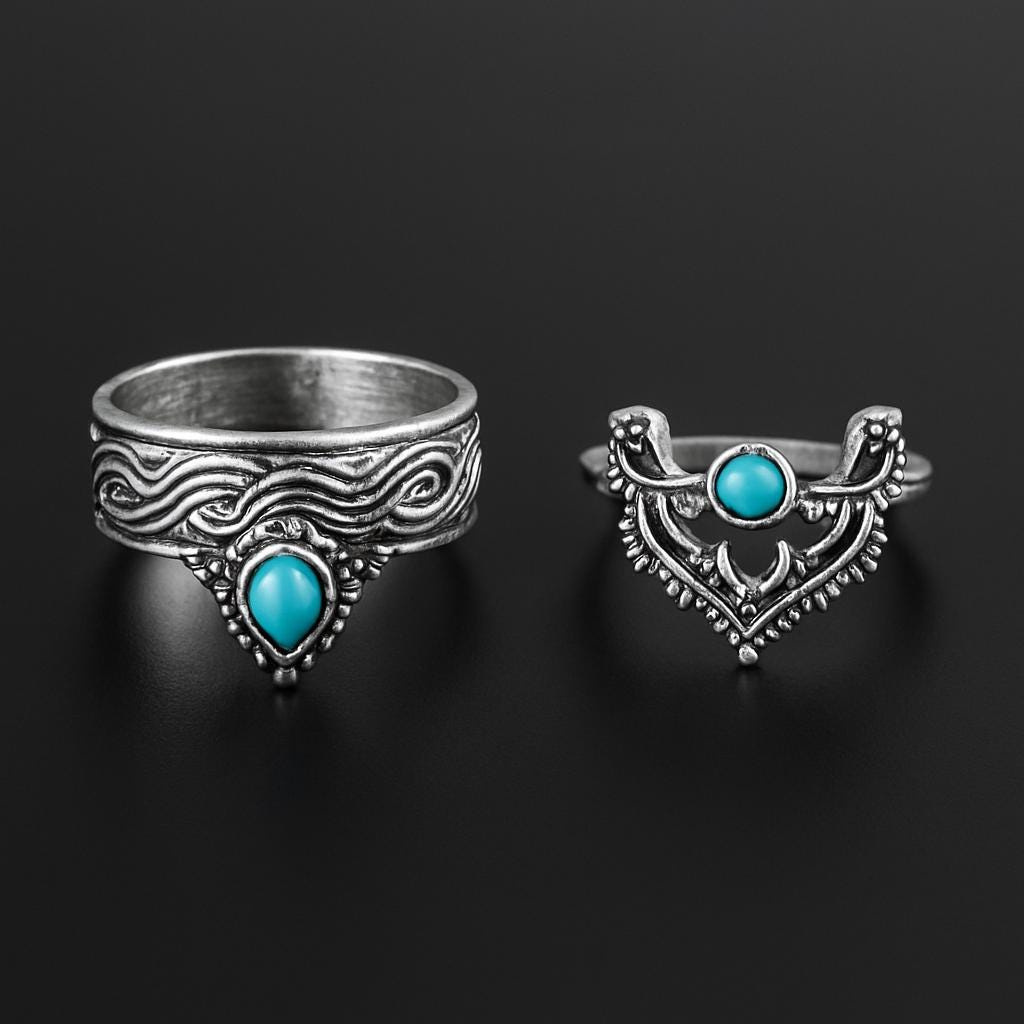 ボヘミアンシルバーリングセット – ターコイズ＆ヴィンテージスタイル