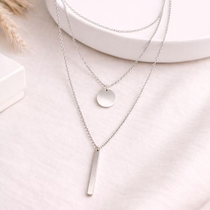 Simple Silver Bar Necklace | Layered Minimalist Everyday Gift for Mum