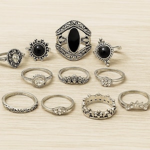 Gothic Silver Ring Set | 11pc Black Onyx Crystal Stackable Rings