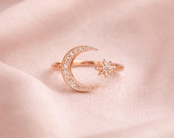 Anillo de oro rosa con luna y estrella celestiales: un regalo delicado y ajustable para mamá.