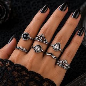 11pc Black Onyx Crystal Stackable Rings, Goth Ring Set