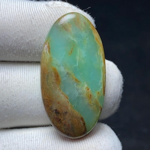 May include: An oval-shaped cabochon gemstone featuring a smooth, polished surface with a vibrant mint green center and earthy brown, rust-colored inclusions along the edges, displaying a natural, marbled appearance with a glossy finish.