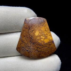 May include: A polished, trapezoid-shaped gemstone with a distinctive pattern. The stone displays a blend of brown, gold, and blue tones, with a cracked, textured surface. The gemstone is held by a gloved hand.