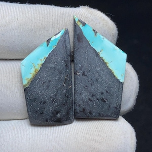 May include: Two polished, asymmetrical cabochons featuring a distinct diagonal split between a smooth, dark charcoal-gray matrix and a vibrant, bright turquoise blue mineral section with subtle brown veining along the transition line.