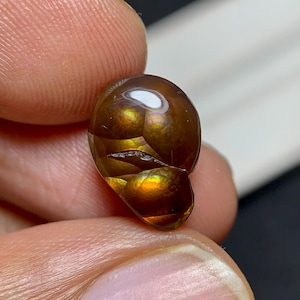 May include: A polished fire agate gemstone with a smooth, rounded shape. The stone features a deep brown, translucent base with vibrant, iridescent flashes of orange, gold, and green light visible within its internal structure.
