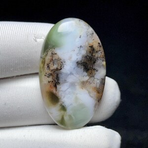 Könnte beinhalten: Oval geformter, polierter Edelstein mit einer Mischung aus hellgrünen, weißen, braunen und schwarzen Farben. Das Muster ähnelt einer Landschaft mit wolkenartigen Formationen und dunklen, baumartigen Einschlüssen. Der Edelstein wird von einem weißen Stoff gehalten.