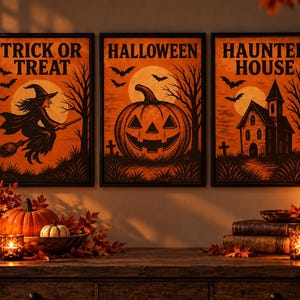 Halloween Wall Art Set of 3, Vintage Prints, Witch Pumpkin Haunted ...