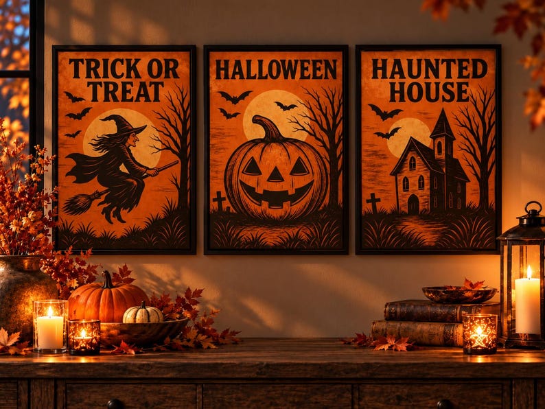 Halloween Wall Art Set of 3, Vintage Prints, Witch Pumpkin Haunted ...