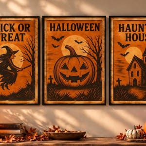 Halloween Wall Art Set of 3, Vintage Prints, Witch Pumpkin Haunted ...