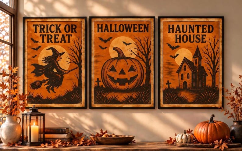 Halloween Wall Art Set of 3, Vintage Prints, Witch Pumpkin Haunted ...