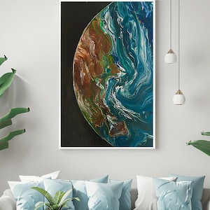 Terre abstraite | 90 x 60 cm - Peinture acrylique pour coulée de la planète Terre vue de l'espace