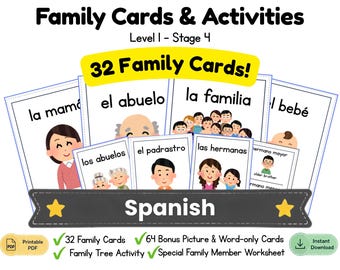 Może przedstawiać: Zestaw kart edukacyjnych do druku zatytułowany Family Cards & Activities Level 1 - Stage 4. Karty zawierają hiszpańskie słownictwo, takie jak la mamá, el abuelo i la familia, wraz z kolorowymi ilustracjami przedstawiającymi członków rodziny.