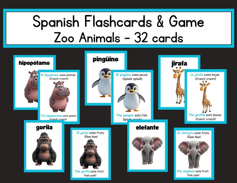 Spanish Zoo Animal Flashcards: Bilingual Learning Game (digital ...