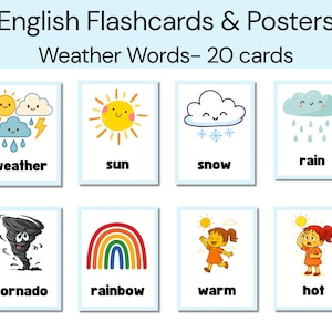 Puede incluir: Juego de tarjetas didácticas y carteles en inglés con palabras sobre el clima. Cada tarjeta muestra una ilustración relacionada con el clima, como un sol, lluvia, nieve y un tornado. El texto incluye palabras como "weather", "sun", "snow" y "rain".