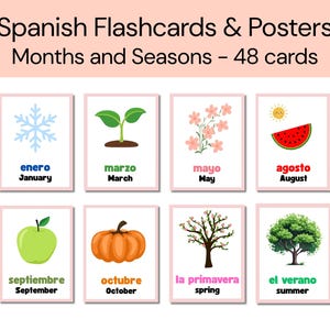 Può includere: Un set di 48 flashcard educative intitolate Spanish Flashcards & Posters Months and Seasons. Ogni carta presenta un'illustrazione colorata che rappresenta un mese o una stagione, tra cui un fiocco di neve, un germoglio, fiori, anguria, mela, zucca e alberi, con testo in spagnolo e inglese.