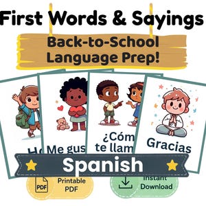 First Spanish Words Flashcards | Essential Spanish Phrases for Kids | Spanish Immersion | Preschool Kindergarten Elementary Homeschool PDF