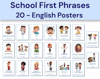 以下が含まれることがあります： School First Phrasesと題された20枚の教育用ポスターセット。教室でのやり取りや学校での日常活動を説明する、スペイン語と英語のバイリンガルテキストと、子供や大人の漫画風イラストが描かれています。