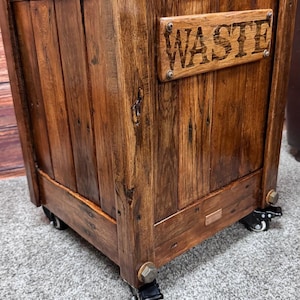 Rustic Reclaimed Wood Trash Bin with Wheels - Farmhouse Style