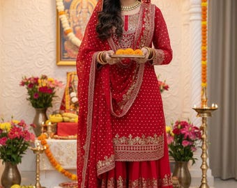 Red Sharara Suit for Women | Bridal Party Wear Sharara Set Gift  bride