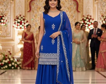 Royal Blue Sharara Suit for Women | Mirror & Sequin Work Georgette Set | Indian Wedding Outfit