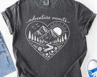 Adventure Awaits Mountain Heart Shirt, Nature Lover Gift, Hiking Camping Graphic Tee, Outdoor Vacation Shirt, Adventure Shirt, Traveler Tee