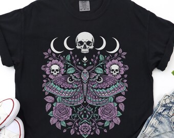 Gothic Luna Moth Shirt, Witchcore Skull Moon Phases Tee, Dark Academia Shirt, Pastel Gothic Graphic Tee, Floral Skull Creepy Cute T-Shirt