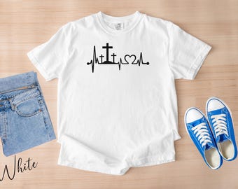 Cross Heart Beat T-Shirt, Christian Faith EKG Line Shirt, Heartbeat Of Faith, Jesus Is Life Shirt, Christian Shirt, Religious Faith Shirt