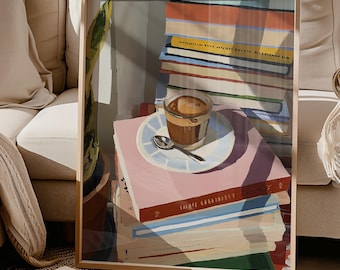 Peut inclure: Une impression d'art encadrée représentant une pile de livres avec une tasse de café posée dessus. Les livres sont de couleurs variées, avec un livre rose au premier plan. Une petite cuillère repose sur une assiette blanche. L'œuvre est sur fond neutre.