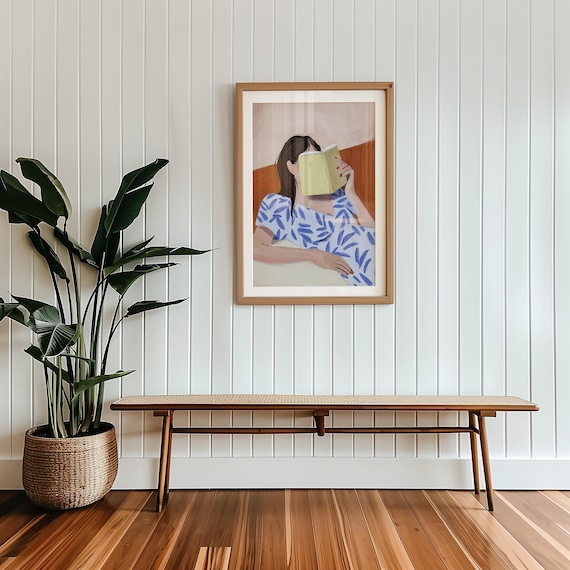 Woman Reading Book Art Print, Cozy Modern Illustration, Minimal Female Wall Art, Digital Download