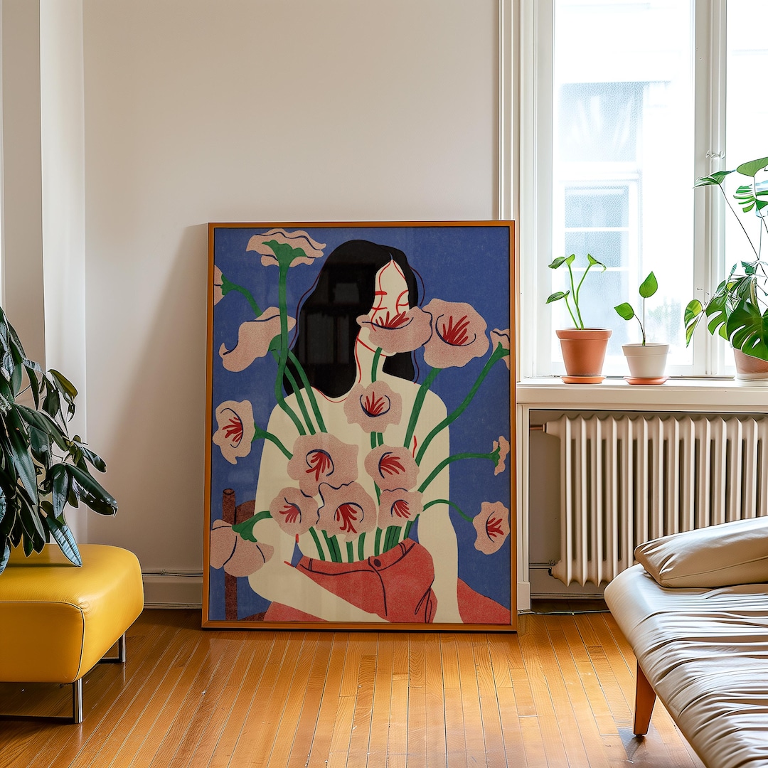 Floral Woman Surreal Art Print: Botanical Risograph Style (Digital Download)