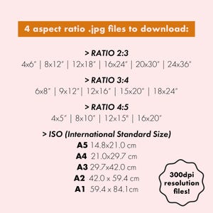 May include: A graphic with text detailing image aspect ratios and sizes for digital downloads. Includes ratios 2:3, 3:4, and 4:5, with corresponding inch measurements. Also lists ISO sizes in centimeters, from A5 to A1, and mentions 300dpi resolution.