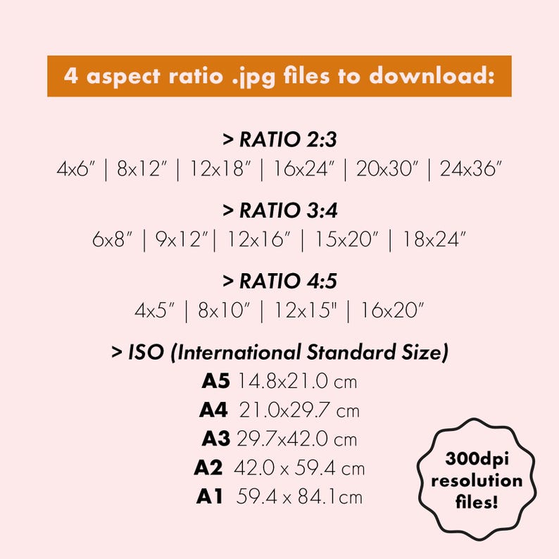 May include: A graphic with text detailing image aspect ratios and sizes for digital downloads. Includes ratios 2:3, 3:4, and 4:5, with corresponding inch measurements. Also lists ISO sizes in centimeters, from A5 to A1, and mentions 300dpi resolution.