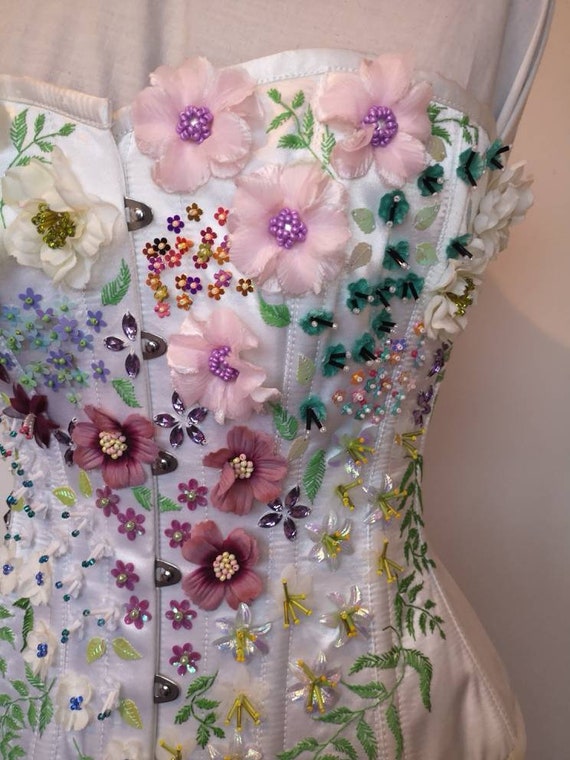 Hand Beaded and Embroidered Silk Flower Burlesque Corset Spring