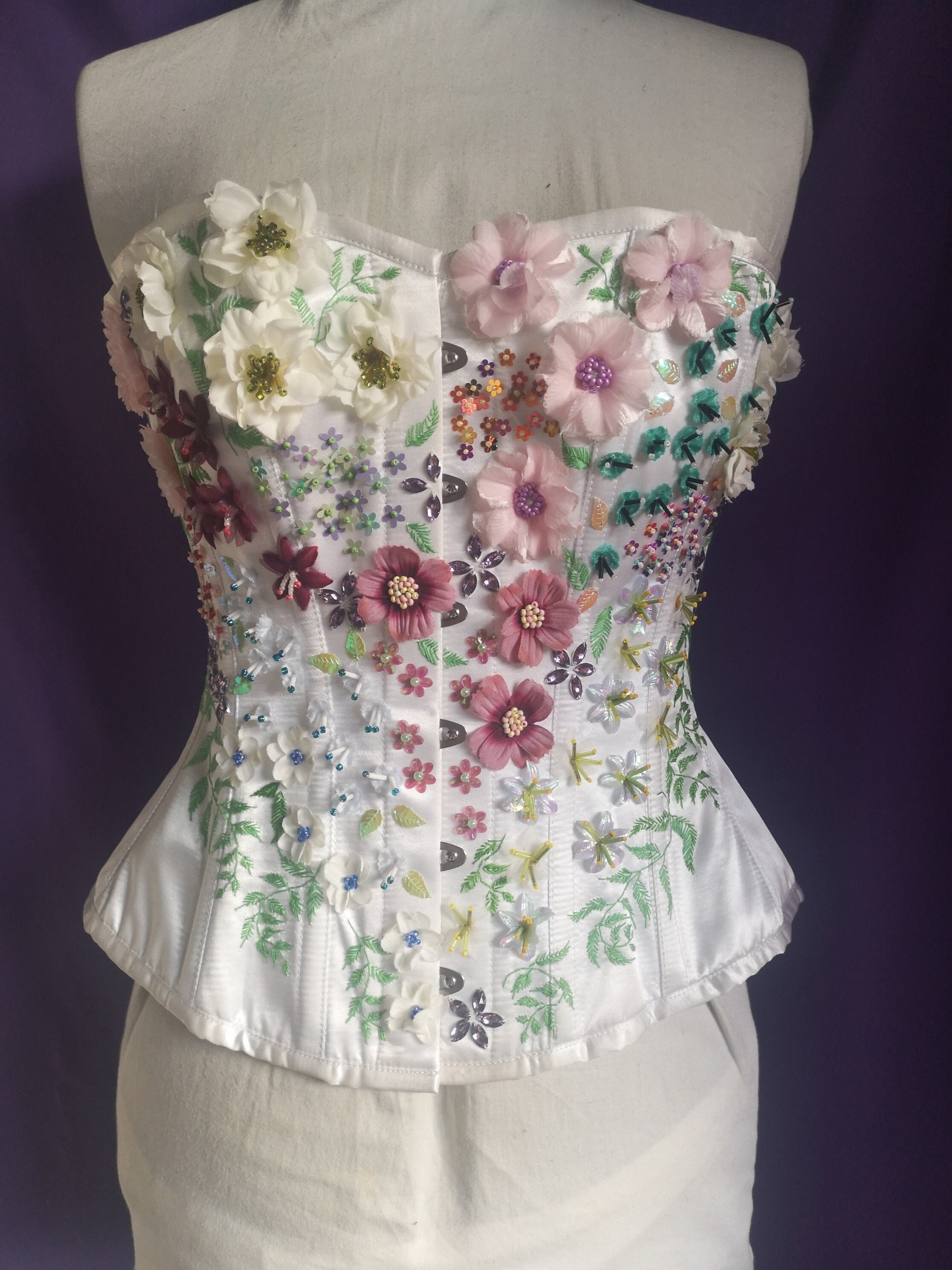 Hand Beaded and Embroidered Silk Flower Burlesque Corset Spring Flowers  26inch Waist 