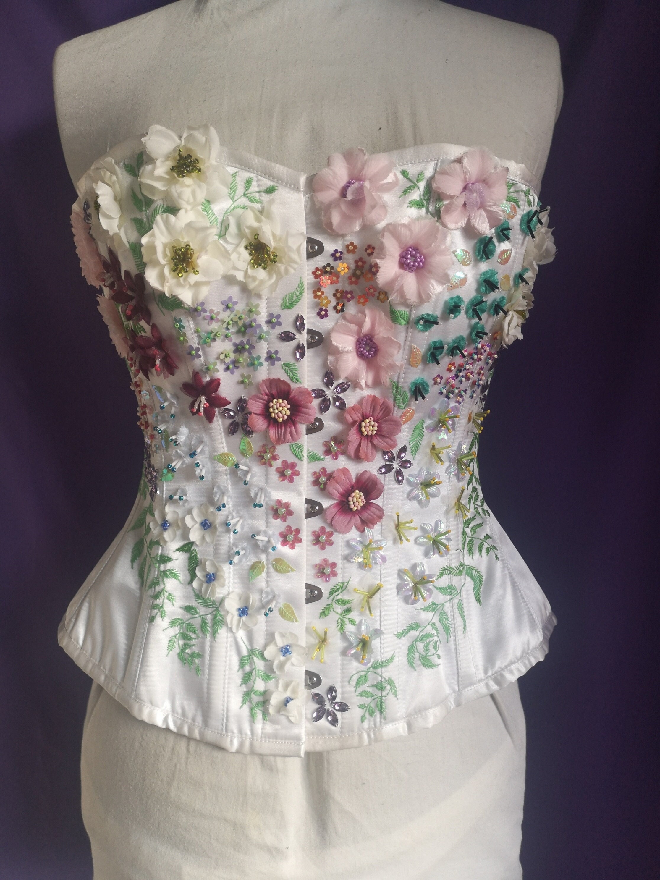 Hand Beaded and Embroidered Silk Flower Burlesque Corset Spring Flowers