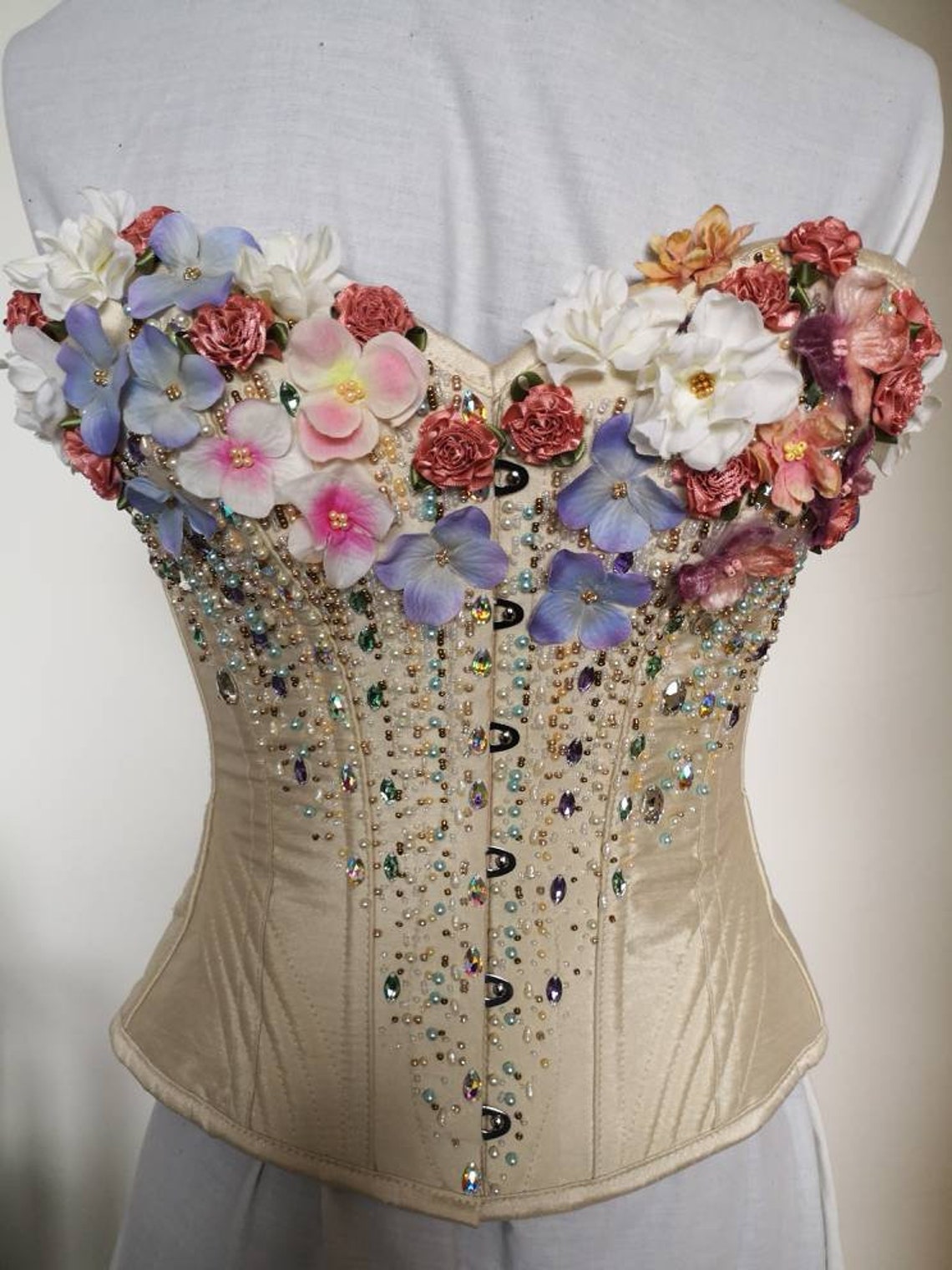 Custom Hand Beaded Silk Flower Burlesque Corset Your Size and Colour Etsy