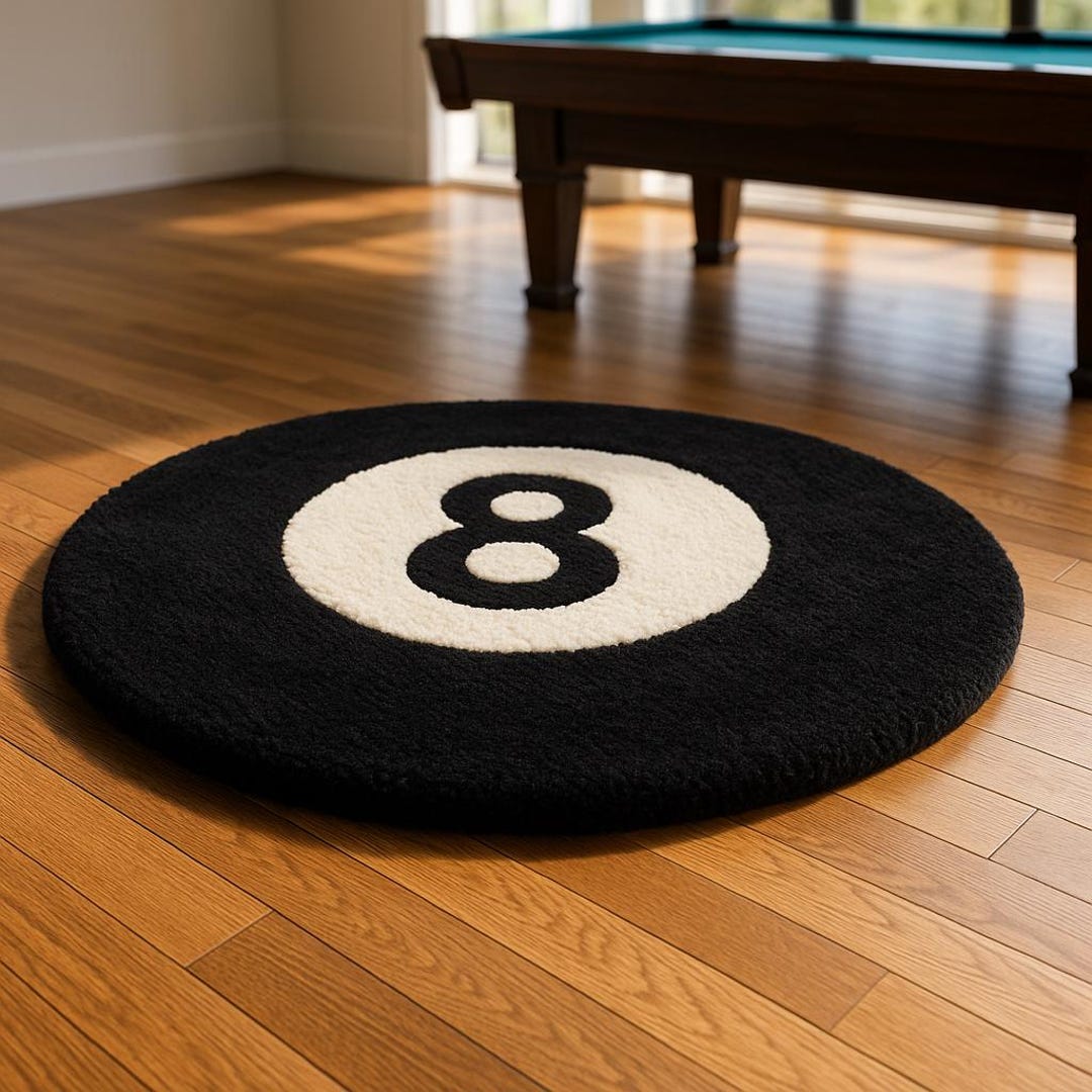 8 Ball Round Rug – Pool Table Inspired Black & White Game Room Carpet ...