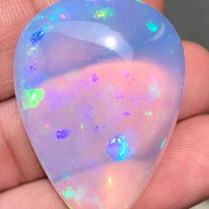 97 Carat Natural Ethiopian Opal Cabochon: Pear Shape Blue Color Multi-Fire Opal Loose Gemstone